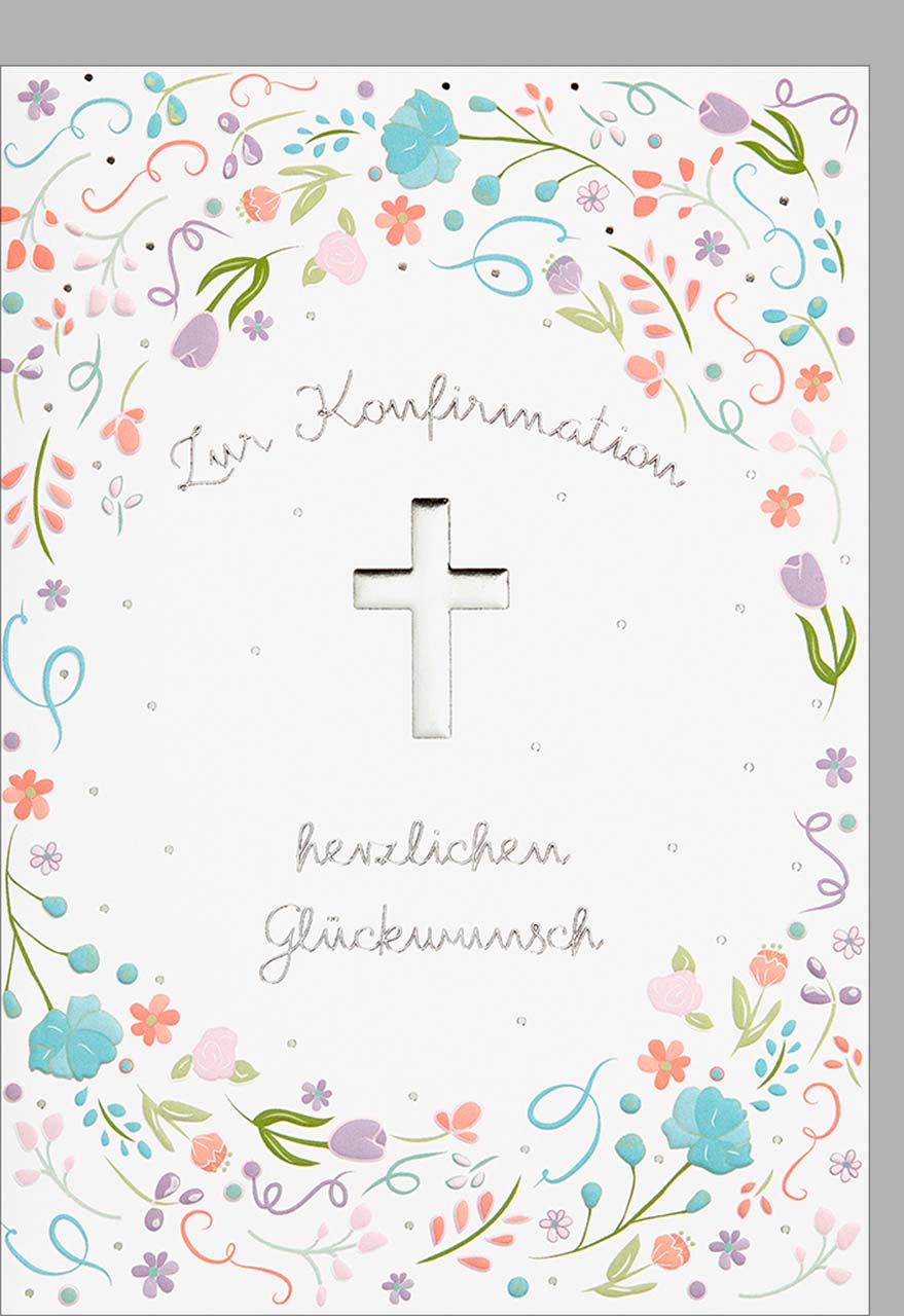 Doppelkarte Konfirmation Silbernes Kreuz, wilde Blumen