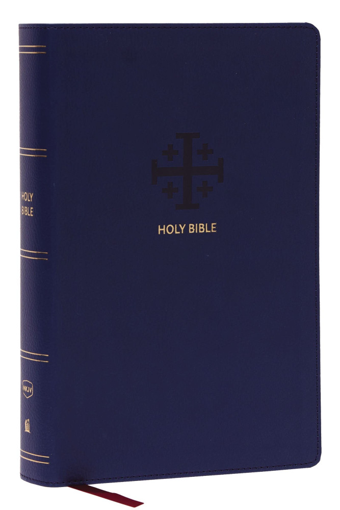 Anglais, Bible NKJVn, gros caractères, moyen format, similicuir bleu,références parallèles,...