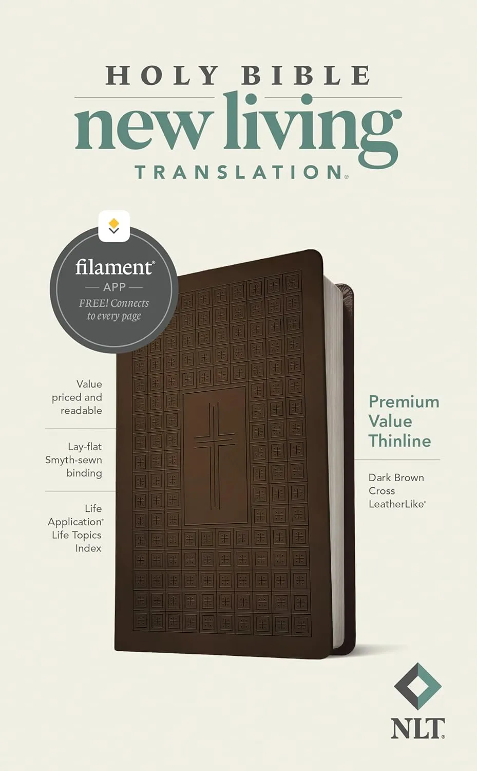 Anglais, Bible, New Living Translation, similicuir, marron foncé, motif croix - NLT Premium Value...