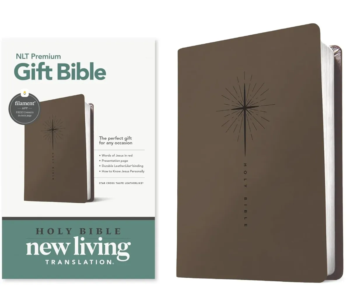 Anglais, Bible, New Living Translation, similicuir taupe, motif croix, paroles de jésus en rouge...