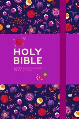 Anglais, Bible, NIV, toile imprimée fleurie sur fond violet, bande élastique
