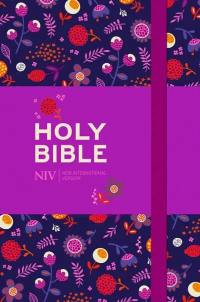 Anglais, Bible, NIV, toile imprimée fleurie sur fond violet, bande élastique