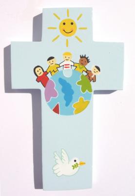 Croix en bois décorée "Enfants du monde" bleu, 7x12cm