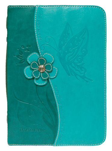 POCHETTE BIBLE, L, SIMILI AQUA DUO "HE HAS MADE EVERYTHING BEAUTIFUL IN ITS TIME" FLEUR + PAPILLON