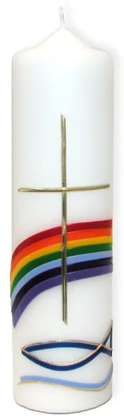 Bougie motifs arc en ciel, croix, ichtus