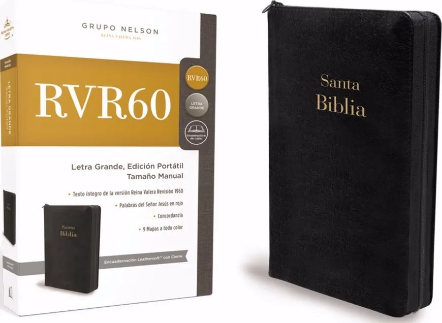 Espagnol, Bible Reina Valera 1960, gros caractères, cuir, noire, fermeture éclair