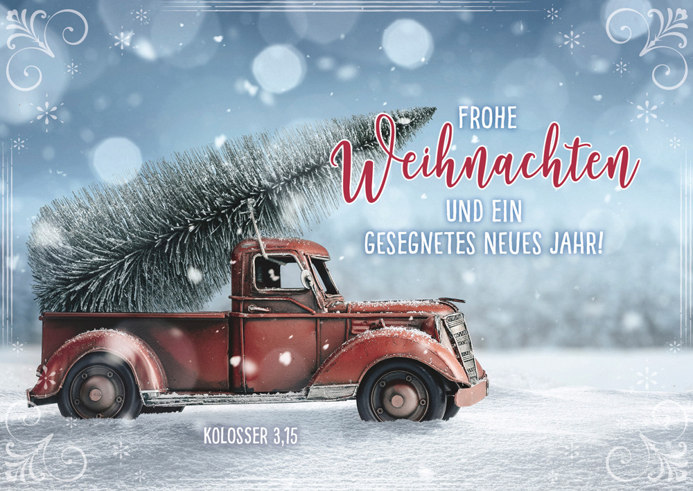 Postkarte Weihnachten Pickup mit Tannenbaum - 10 Stück pro Päckchen