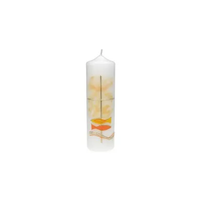 Bougie motifs jaune, croix et poissons