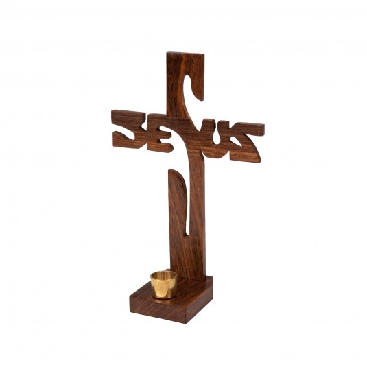 Croix décorative Jésus en bois de manguier - support bougie