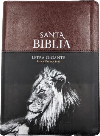 Espagnol, Bible RVR 1960, très gros caractères, similicuir duo noir/brun motif lion, avec zip et onglets
