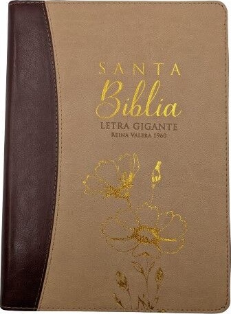 Espagnol, Bible RVR 1960, très gros caractères, similicuir duo brun/camel avec fleur, avec onglets et zip, tr. Dorée