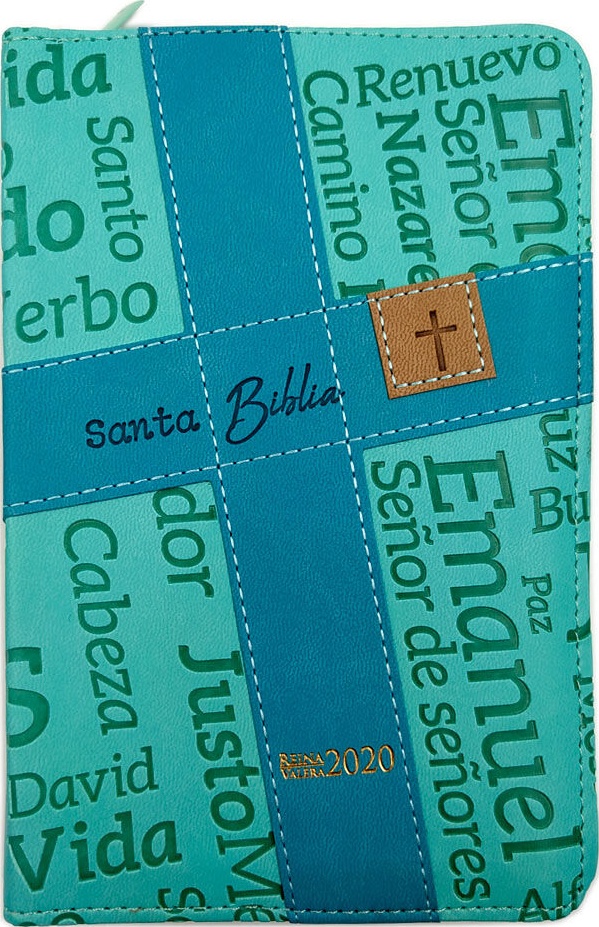 Espagnol, Bible RVR 2020,gros caractères, simili turquoise avec croix et noms de Jésus,  zip et tr. Dorée - Biblia Reina Valera 