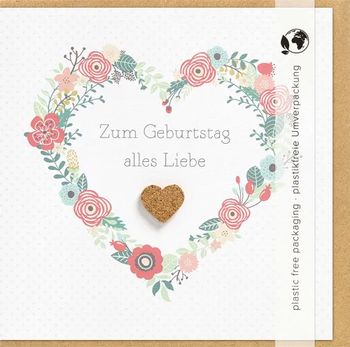 Doppelkarte Herz in Blütenherz mit Kork-Applikation