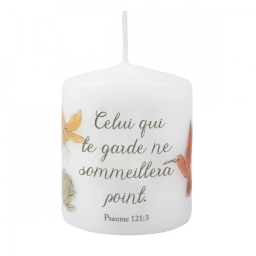 Petite bougie motif fleurs et oiseau - "Celui qui te garde ne sommeillera point." Psaumes 121.3